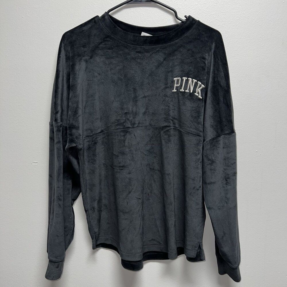Victoria’s Secret Pink velour varsity crewneck pullover black womens size XS